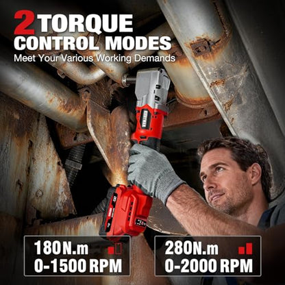 Alloyman 20V Brushless Right Angle Impact Wrench, 207 Ft-lbs（280N.M）,1/2'' High Torque Cordless Power Tool with 2×2.0Ah Batteries, LED Light, 2-Speed Control, Compact 90° Design for Tight Spaces