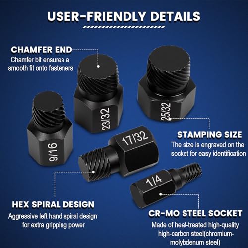 25 Pcs Screw Extractor Set, Hex Head Multi-Spline Easy Out Bolt Extractor Kit for Stripped Screw Removal, 1/8" to 7/8" in 1/32" Increments, CR-MO