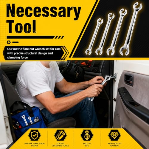 Car Brake Line Wrench Set,Rustproof Offset Flare Nut Wrench Set (8x10/9x11/13x14/15x17mm) for Detaching Nuts,Metric Flare Wrenches Sets for Brake Caliper & Line Repair