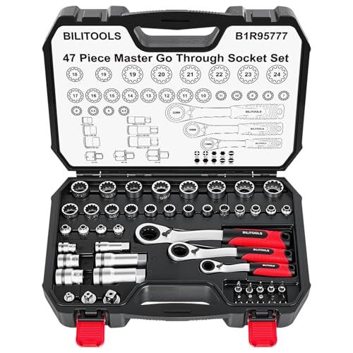 BILITOOLS 47 PCS Pass Through Socket Set with 1/4" & 3/8" & 1/2" Drive | Convertible Ratchet Wrenches (13/19/22mm), Spline Sockets and Bits, Pass Thru Go Through Mechanics Tools Set For Tight Spaces - style: 47-Piece Pass Through Socket Set