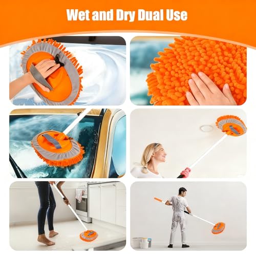62" Car Wash Brush with Long Handle Car Cleaning Brush Kit Car Cleaning Supplies Kit Car Washing Duster Tools Accessories, 1 Chenille Scratch-Free Replacement Head Aluminum Alloy Pole (Orange) - color: Orange
