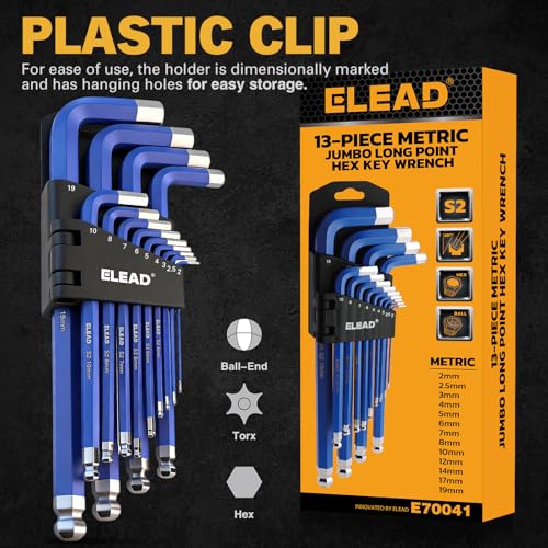 ELEAD Jumbo Hex Key Allen Wrench Set | 13-Piece Metric 2-19mm | Long Ball End Durable S2 | 4" - 13.5" Long | Automotive | Mechanic | Furniture | Professional Grade Tools - style: 13PCS Jumbo Metric