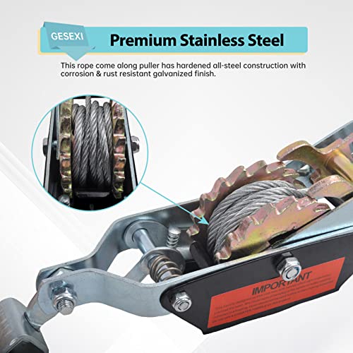 2 Ton Dual Gear Power Puller, 2 Hook Steel Cable Dual Gear Power Ratchet Come Along Puller Tool with Cable Automotive Hoist Hand Winch Cable Puller Stretcher Lift 4400 Lbs - size: 2-Ton