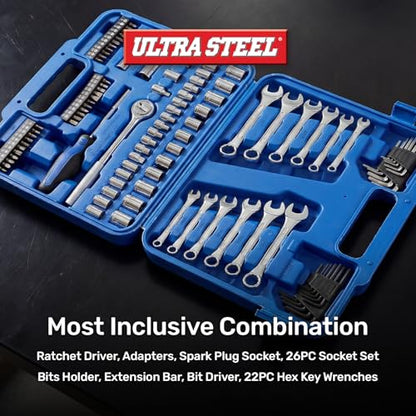 113PC Professional Mechanic Tool Set, Ratchet, Sockets | Wrenches, Hex Keys, Bits, Blow Mold Case, DIY, Home, Repair, Electronics, Garage, Workshop, Precision, Fastening