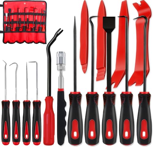 KEZE 15Pcs Carbon Steel Precision Pick & Hook and Trim Removal Tool Set with Scraper and Magnetic Telescoping Tool Kit for Remove Automotive Electronics Maintenance Hoses Gasket Hand Pick Up Tools | With Scraper, Magnetic Telescoping Tool Kit, For Automot
