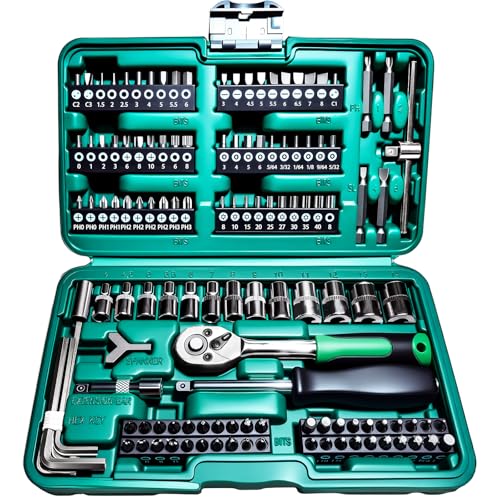 130 Pieces 1/4 Inch Drive Socket Ratchet Wrench Set, Mechanic Tool Set, with Bit Socket Screwdriver Set Metric and Extension Bar for Auto Repairing and Household - color: Silver-130pcs