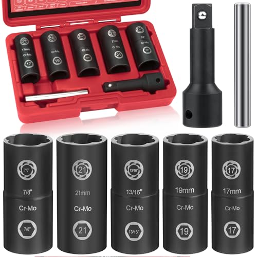 2-in-1 Lug Nut Removal Tool & Impact Socket Set, with 1/2" Drive, Easy Out Broken Bolt Extractor Kit, Ez Out Stripped Wheel Lock for Removing Rounded, Rusted Bolts, Nuts & Screw 7-Pieces(Red) - color: 7pcs
