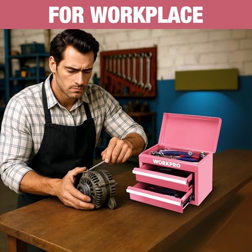 WORKPRO Metal Mini Tool Box with 2 Drawers and Top Storage | Cold Rolled Steel Toolbox, Ball Bearing Slides, PVC Drawer Liners, PP Feet Pads, Durable Storage - color: Pink