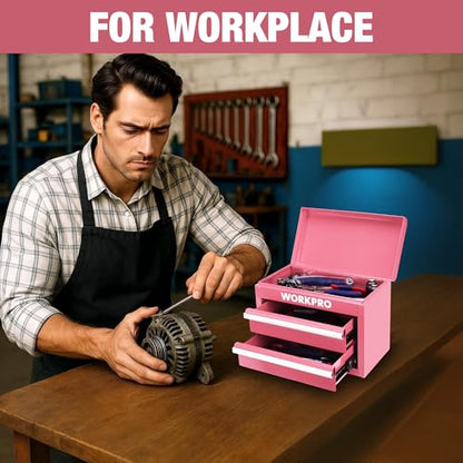 WORKPRO Metal Mini Tool Box with 2 Drawers and Top Storage | Cold Rolled Steel Toolbox, Ball Bearing Slides, PVC Drawer Liners, PP Feet Pads, Durable Storage - color: Pink