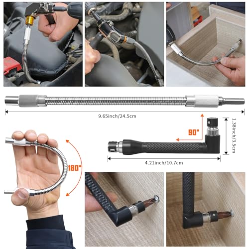39-Piece Flexible Drill Bit Extension Set | 105° Right Angle Adapter, Metric Sockets, Magnetic Bit Holders, Storage Case