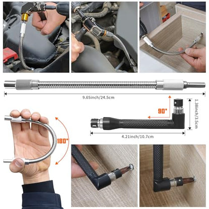 39-Piece Flexible Drill Bit Extension Set | 105° Right Angle Adapter, Metric Sockets, Magnetic Bit Holders, Storage Case