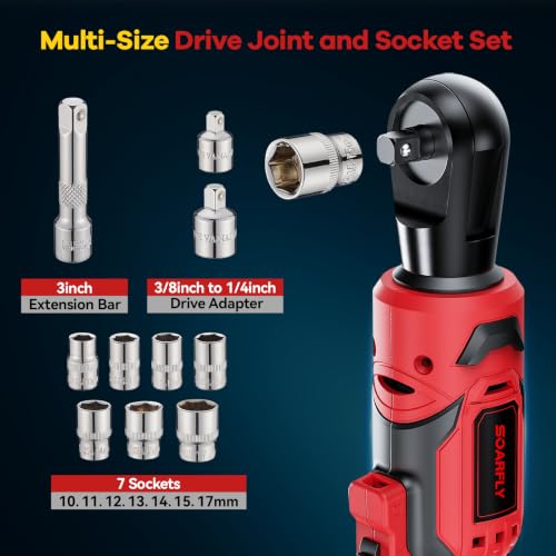 SOARFLY 3/8" Cordless Ratchet Wrench, Power Ratchet Tool Set, 60 Ft-Lbs(80N.m) Electric Ratchet Wrench with 2 * 2000mAh Lithium Batteries, 7 Sockets, LED Light, 1/4" Adapter, 3" Extension Bar - color: Deep Red