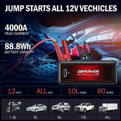 DBPOWER Jump Starter 4000A Peak 88.8Wh Portable Car Jump Starter (Up to All Gas/10L Diesel Engine) 12V Auto Battery Booster Pack with Smart Clamp Cables,Quick Charge, LED Light Jump Box