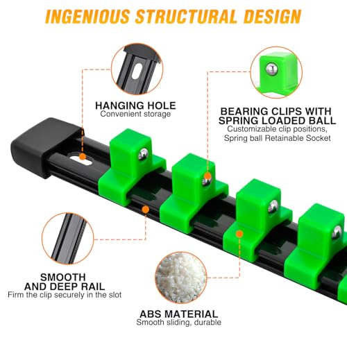 GOOACC Socket Organizer ABS Socket Holder Set 1/4" 3/8" 1/2" Drive Socket Rail Holders Stores up 129 Clips Impact Sockets Organizers Rails for Tool Box Drawer, 9 Piece Green - size: Clip Rail 9PC 1/4"3/8"1/2" Green