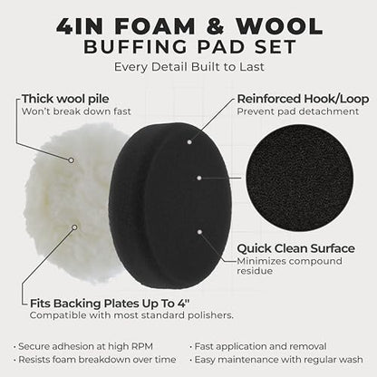 TCP Global 4 Inch Buffing Pads Set - 5 Smooth Flat Foam Buffer Pads & 1 Wool Pad for Orbital Buffers, DA Polish Pad for Paint Correction, Polishing Kit for Auto & Boat Gelcoat Detailing