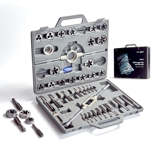 toolant 45pcs SAE Tap and Die Set, 1/4"-1" Large Threading Set with Round Dies for Cutting and Rethreading Internal and External Threads - size: 45pcs SAE (1/4"-1")
