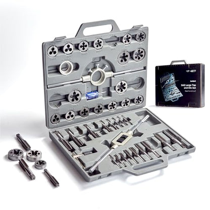 toolant 45pcs SAE Tap and Die Set, 1/4"-1" Large Threading Set with Round Dies for Cutting and Rethreading Internal and External Threads - size: 45pcs SAE (1/4"-1")