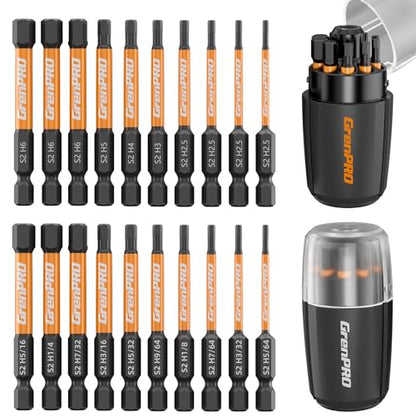 GRENPRO 20Pcs Allen Wrench Drill Bit Set, 1/4” Hex Screwdriver Bit Set, S2 Steel Impact Driver Bit Set with Storage Organizer, CNC Machined Tips with Magnetism - size: 20pcs(Metric&SAE)