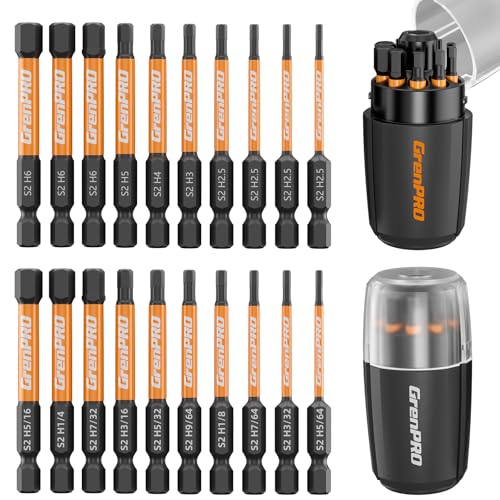 GRENPRO 20Pcs Allen Wrench Drill Bit Set, 1/4” Hex Screwdriver Bit Set, S2 Steel Impact Driver Bit Set with Storage Organizer, CNC Machined Tips with Magnetism - size: 20pcs(Metric&SAE)