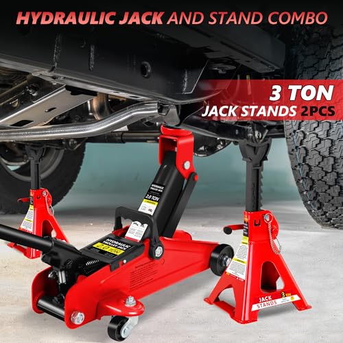 2 Ton (4000 lbs) Capacity, Low Profile Hydraulic Trolley Service/Floor Jack Combo with 2 Ratchet 3 Ton Jack Stands,Wheel Chock - color: 2Ton with Jack stands+Wheel chock Red