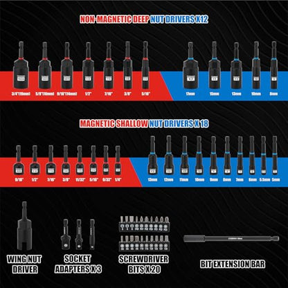 CASOMAN 55-Piece Magnetic Nut Driver Set for Impact Drill, Deep & Shallow, Metric & SAE, Includes Screwdriver Bits, Bit Extension Bar, Socket Adapters & Wing Nut Driver