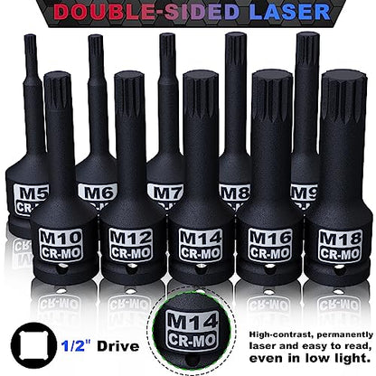 1/2" Drive Master Impact XZN Bit Socket Set, 10-Pieces: M5 - M18, Cr-Mo Steel, Heavy Duty Storage Case - size: 1/2" XZN