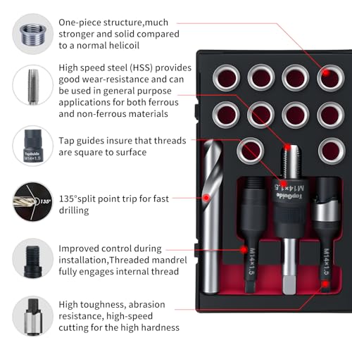M14X1.5 Thread Repair Kit with Insert HSS Drill, Tap, Counterbore, Installation Driver,Tap Guides, Metric, 10PCS Stainless Steel Insert M14X1.5X 9.4MM