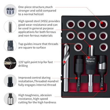 M14X1.5 Thread Repair Kit with Insert HSS Drill, Tap, Counterbore, Installation Driver,Tap Guides, Metric, 10PCS Stainless Steel Insert M14X1.5X 9.4MM
