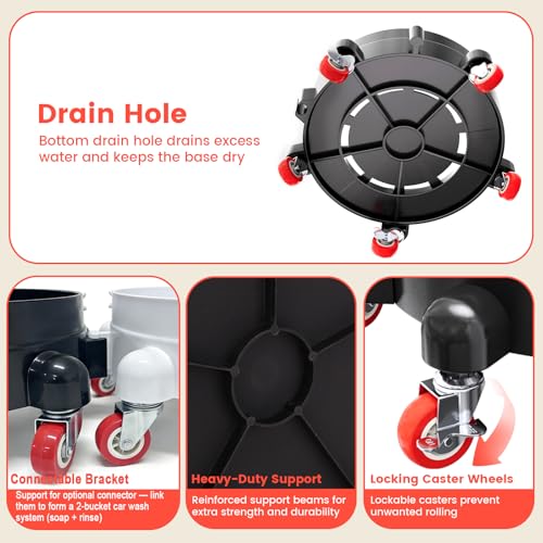 2Pcs 11 Inch Bucket Dolly, Removable Rolling Bucket Dolly, 5 Gallon Car, with 5 Heavy Duty Wheel Casters, 360°Rolling, Connectable, Locking, for Car Wash & Auto Detailing,Bearing 300lb,Black and White - color: Black,white