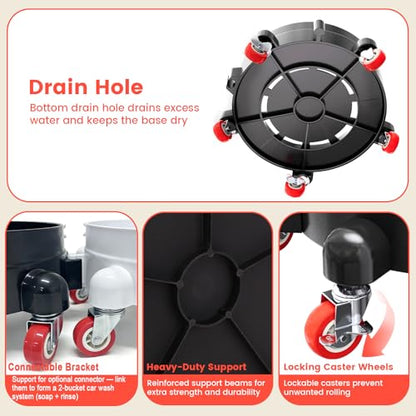 2Pcs 11 Inch Bucket Dolly, Removable Rolling Bucket Dolly, 5 Gallon Car, with 5 Heavy Duty Wheel Casters, 360°Rolling, Connectable, Locking, for Car Wash & Auto Detailing,Bearing 300lb,Black and White - color: Black,white