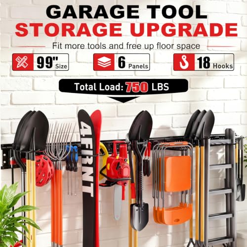 Garage Tool Organizer Wall Mount 99 inches with 18 Adjustable Heavy-Duty Hooks, Garage Organization, Garden Tool Storage Rack, Yard, and Shed, Holds Up to 750 lbs - size: 99" | 6 Panels + 18 Hooks