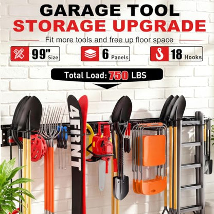 Garage Tool Organizer Wall Mount 99 inches with 18 Adjustable Heavy-Duty Hooks, Garage Organization, Garden Tool Storage Rack, Yard, and Shed, Holds Up to 750 lbs - size: 99" | 6 Panels + 18 Hooks