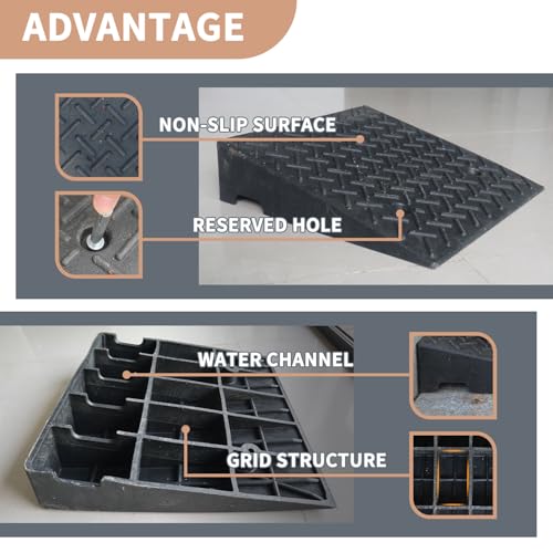 Rubber Curb Ramps for Driveway Sidewalks Shed Entry, 5.1 Inch Rise Height 2 Pack 19.68" L x 19.68" Threshold Ramp for Cars, Motorcycles, Lawn Mowers, 7000lbs Load Capacity - size: 5"*19.69"*19.69"