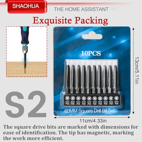 11PCS Square Drive Bits, 10PCS #2 Square Screwdriver Bits and 1PCS 1/4 Hex-Shank Magnetic Bit Driver, 2.3" Long Square Bit, S2 Alloy Steel Pocket Hole Jig System SQ2 Bits, SQ2 Impact Driver Bits - style: Square Drill Bits SQ2 60MM & Tool