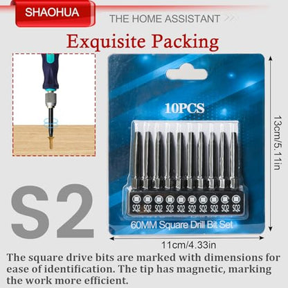 11PCS Square Drive Bits, 10PCS #2 Square Screwdriver Bits and 1PCS 1/4 Hex-Shank Magnetic Bit Driver, 2.3" Long Square Bit, S2 Alloy Steel Pocket Hole Jig System SQ2 Bits, SQ2 Impact Driver Bits - style: Square Drill Bits SQ2 60MM & Tool