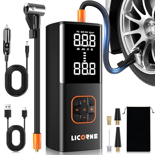 LICORNE Tire Inflator Portable Air Compressor, 180PSI Cordless Digital | 5X faster, 7800mAh battery, digital gauge, auto shut-off, 4 modes for car/bike/motorcycle/ball, USB-C power bank, LED light - color: Black-orange