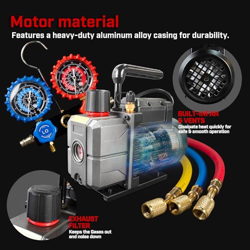 XtremepowerUS HVAC Vacuum Pump Manifold HVAC R134a, R12, R22, R410a, A/C Refrigeration R134, R134 Quick Connector AC Manifold Gauge Air Conditioner Oil Bottle w/Bag (4.5CFM) - size: 4.5CFM