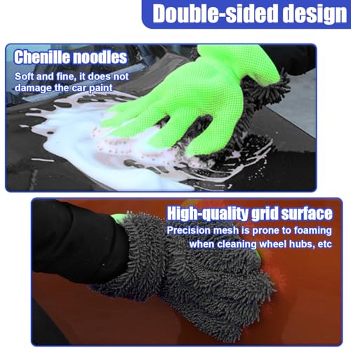 2PCS Car Wash Mitts, Double Sided Chenille Microfiber Dusting Gloves with 5-Finger Design, Anti-Scratch Auto Interior Exterior Detailing Mitt for Cleaning Wheel Tight Spot (Grey) - color: Grey