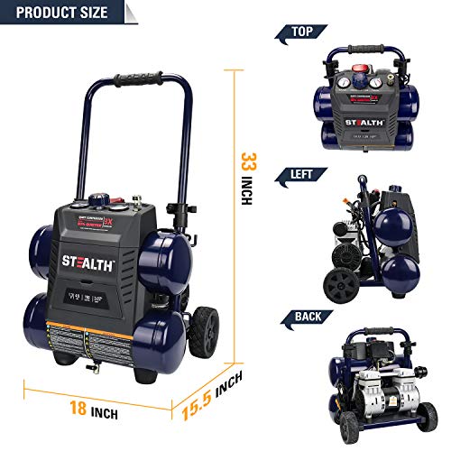 Stealth Quiet Air Compressor with Wheel, 64 Decibel 4.5 Gallon Peak 1.3 HP Max 150 PSI, Oil-Free Air Pump, 3 CFM @ 90 PSI Portable Air Compressor for Garage, Workshop, Jobsite SAQ-1413