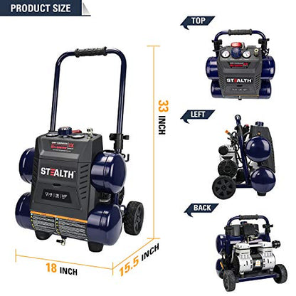 Stealth Quiet Air Compressor with Wheel, 64 Decibel 4.5 Gallon Peak 1.3 HP Max 150 PSI, Oil-Free Air Pump, 3 CFM @ 90 PSI Portable Air Compressor for Garage, Workshop, Jobsite SAQ-1413