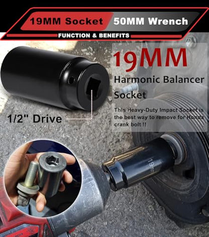 19mm Harmonic Balancer Socket & 50mm Crank Pulley Wrench Holder, Heavy Duty Crankshaft Bolt Removal Tool Kit Compatible with Honda & Acura Engines - 2 PCS