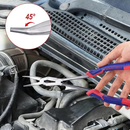 13Inch Double-Joint Bent Long Nose Pliers Long Reach 45-Degree Bent Long Nose Pliers Serrated Jaw Dual Pivot Plier Hose Grip Plier for Hard to Reach Narrow Spaces - style: Bent Nose