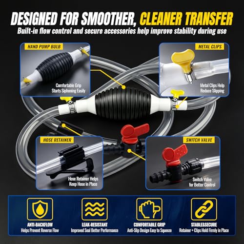 Manual Siphon Pump, 9.84FT Fuel Transfer Pump for Gasoline Diesel Oil Water, Portable Hand Pump Siphon Hose with PVC Hose, Switch Valve, Hose Retainer and Metal Clips