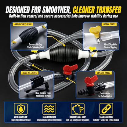 Manual Siphon Pump, 9.84FT Fuel Transfer Pump for Gasoline Diesel Oil Water, Portable Hand Pump Siphon Hose with PVC Hose, Switch Valve, Hose Retainer and Metal Clips