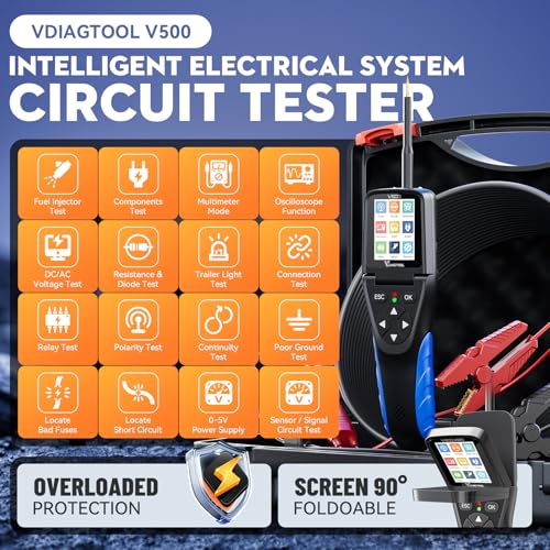 Automotive Power Circuit Probe Tester Kit VDIAGTOOL V500, 9-30V Car Electric Circuit Tester, Short/Open Circuit Finder, Oscilloscope/Multimeter/Injector/Relay Tester, Component/Fuse/Trailer/AC/DC Test