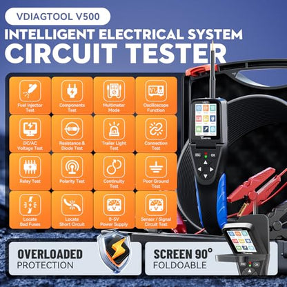 Automotive Power Circuit Probe Tester Kit VDIAGTOOL V500, 9-30V Car Electric Circuit Tester, Short/Open Circuit Finder, Oscilloscope/Multimeter/Injector/Relay Tester, Component/Fuse/Trailer/AC/DC Test