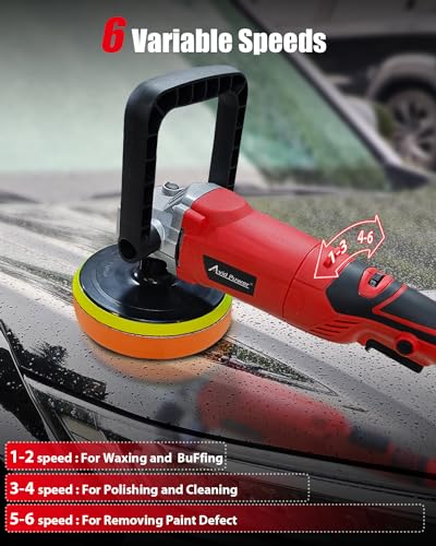 AVID POWER Car Buffer Polisher, 1200W 7 Inch/6 Inch Rotary Buffer Waxer, 6 Variable Speed 1600-3500 RPM, Detachable Handle & Side Handle for Car Detailing, Boat Sanding, Polishing and Waxing - color: Light Red