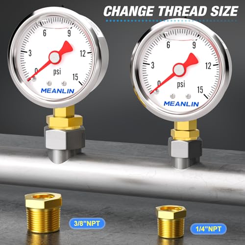 MEANLIN MEASURE 0~15Psi Stainless Steel 1/8" NPT 1.5" FACE DIAL, Glycerin Filled Pressure Gauge, Liquid Filled, Water Oil Air, Lower Mount, with 1/4" NPT and 3/8" NPT Hex Bushing - size: 0-15Psi