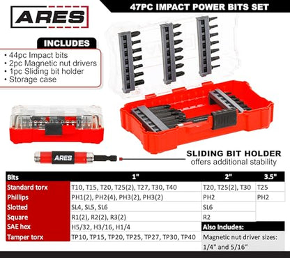 ARES 31020-47-Piece Impact Bit Set – Set Includes Phillips, Slotted, Square, Hex, and Standard and Tamper Torx Bits – Premium S2 Steel Construction - size: 47-Piece Impact Driver Bit Set