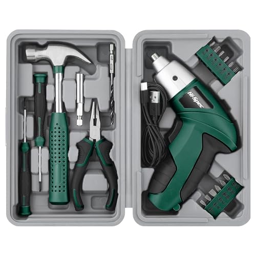 Hi-Spec 3.6V USB Electric Screwdriver for Home Repairs and Assembly, Green | 19pc, fast assembly help, common screw bit selection, LED visibility, compact grip, quick household fixes, organized storage - color: Green